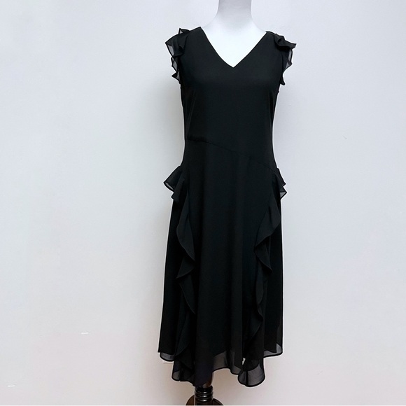 Chico’s Black Flutter Sleeve Ruffle Layered Chiffon Midi Dress Size 0 US 4 - Picture 2 of 13